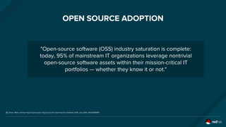 OPEN SOURCE ADOPTION
"Open-source software (OSS) industry saturation is complete:
today, 95% of mainstream IT organizations leverage nontrivial
open-source software assets within their mission-critical IT
portfolios — whether they know it or not."
[1] Driver, Mark. Gartner Hype Cycle report, Hype Cycle for Open-Source Software 2016, July 2016. #G00308949
 