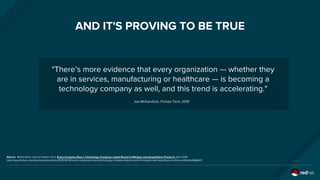 AND IT'S PROVING TO BE TRUE
"There’s more evidence that every organization — whether they
are in services, manufacturing or healthcare — is becoming a
technology company as well, and this trend is accelerating."
Joe McKendrick, Forbes Tech, 2015
Source: McKendrick, Joe for Forbes Tech, Every Company Now a Technology Company: Latest Round of Mergers and Acquisitions Proves It, April 2015.
http://www.forbes.com/sites/joemckendrick/2015/04/30/every-company-now-a-technology-company-latest-round-of-mergers-and-aquisitions-confirms-it/#1abdc9866d17
 
