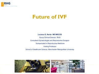 Future of IVF
Luciano G. Nardo MD MRCOG
Group Clinical Director, RHG
Consultant Gynaecologist and Reproductive Surgeon
Subspecialist in Reproductive Medicine
Visiting Professor
School of Healthcare Science, Manchester Metropolitan University
 
