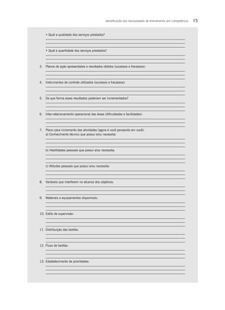 Identiﬁcação das necessidades de treinamento por competência   15


    • Qual a qualidade dos serviços prestados?



    • Qual a quantidade dos serviços prestados?



3. Planos de ação apresentados e resultados obtidos (sucessos e fracassos):



4. Instrumentos de controle utilizados (sucessos e fracassos):



5. De que forma esses resultados poderiam ser incrementados?



6. Inter-relacionamento operacional das áreas (diﬁculdades e facilidades):



7. Plano para incremento das atividades (agora é você pensando em você):
   a) Conhecimento técnico que possui e/ou necessita:



    b) Habilidades pessoais que possui e/ou necessita:



    c) Atitudes pessoais que possui e/ou necessita:



8. Variáveis que interferem no alcance dos objetivos:



9. Materiais e equipamentos disponíveis:



10. Estilo de supervisão:



11. Distribuição das tarefas:



12. Fluxo de tarefas:



13. Estabelecimento de prioridades:
 