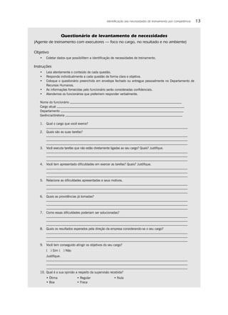 Identiﬁcação das necessidades de treinamento por competência   13


                    Questionário de levantamento de necessidades
(Agente de treinamento com executores — foco no cargo, no resultado e no ambiente)

Objetivo
   •   Coletar dados que possibilitem a identiﬁcação de necessidades de treinamento.

Instruções
   •   Leia atentamente o conteúdo de cada questão.
   •   Responda individualmente a cada questão de forma clara e objetiva.
   •   Coloque o questionário preenchido em envelope fechado ou entregue pessoalmente no Departamento de
       Recursos Humanos.
   •   As informações fornecidas pelo funcionário serão consideradas conﬁdenciais.
   •   Atendemos os funcionários que preferirem responder verbalmente.

   Nome do funcionário
   Cargo atual
   Departamento
   Gerência/diretoria

   1. Qual o cargo que você exerce?

   2. Quais são as suas tarefas?



   3. Você executa tarefas que não estão diretamente ligadas ao seu cargo? Quais? Justiﬁque.



   4. Você tem apresentado diﬁculdades em exercer as tarefas? Quais? Justiﬁque.



   5. Relacione as diﬁculdades apresentadas e seus motivos.



   6. Quais as providências já tomadas?



   7. Como essas diﬁculdades poderiam ser solucionadas?



   8. Quais os resultados esperados pela direção da empresa considerando-se o seu cargo?



   9. Você tem conseguido atingir os objetivos do seu cargo?
       ( ) Sim ( ) Não
       Justiﬁque:



   10. Qual é a sua opinião a respeito da supervisão recebida?
       • Ótima               • Regular                  • Nula
       • Boa                 • Fraca
 