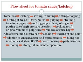 Flow sheet for tomato sauce/ketchup
Tomatoes washing sorting/trimming cutting/chopping
heating at 70-90˚C for 3-5mins pulping straining
tomato pulp/juice cooking pulp with 1/3 of sugar
putting spice bag& pressure occasion cooking to 1/3
original volume of pulp/juice removal of spice bag
Add of remaining sugar& salt cooking judging of end point
addition of vinegar/acetic acid & preservative filling hot
into bottles at about 88˚C crown corking pasteurization
cooling storage at ambient temperature.
 
