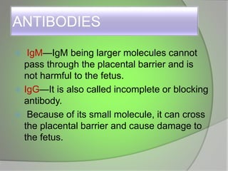 ANTIBODIES
 IgM—IgM being larger molecules cannot
pass through the placental barrier and is
not harmful to the fetus.
 IgG—It is also called incomplete or blocking
antibody.
 Because of its small molecule, it can cross
the placental barrier and cause damage to
the fetus.
 