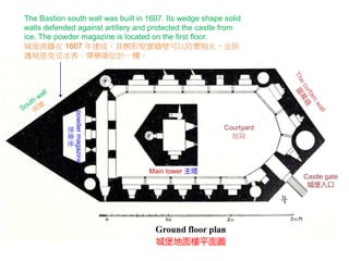 城堡地面樓平面圖
Courtyard
庭院
Castle gate
城堡入口
Main tower 主塔
The Bastion south wall was built in 1607. Its wedge shape solid
walls defended against artillery and protected the castle from
ice. The powder magazine is located on the first floor.
城堡南牆在 1607 年建成。其楔形堅實牆壁可以防禦炮火，並保
護城堡免受冰害。彈藥庫位於一樓。
powdermagazine
彈
藥
庫
 