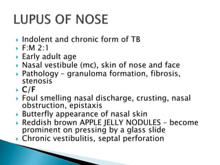  Indolent and chronic form of TB
 F:M 2:1
 Early adult age
 Nasal vestibule (mc), skin of nose and face
 Pathology – granuloma formation, fibrosis,
stenosis
 C/F
 Foul smelling nasal discharge, crusting, nasal
obstruction, epistaxis
 Butterfly appearance of nasal skin
 Reddish brown APPLE JELLY NODULES – become
prominent on pressing by a glass slide
 Chronic vestibulitis, septal perforation
 