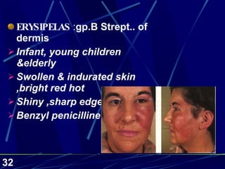 ERYSIPELAS  : gp.B Strept.. of dermis Infant, young children &elderly Swollen & indurated skin ,bright red hot  Shiny ,sharp edges Benzyl penicilline 