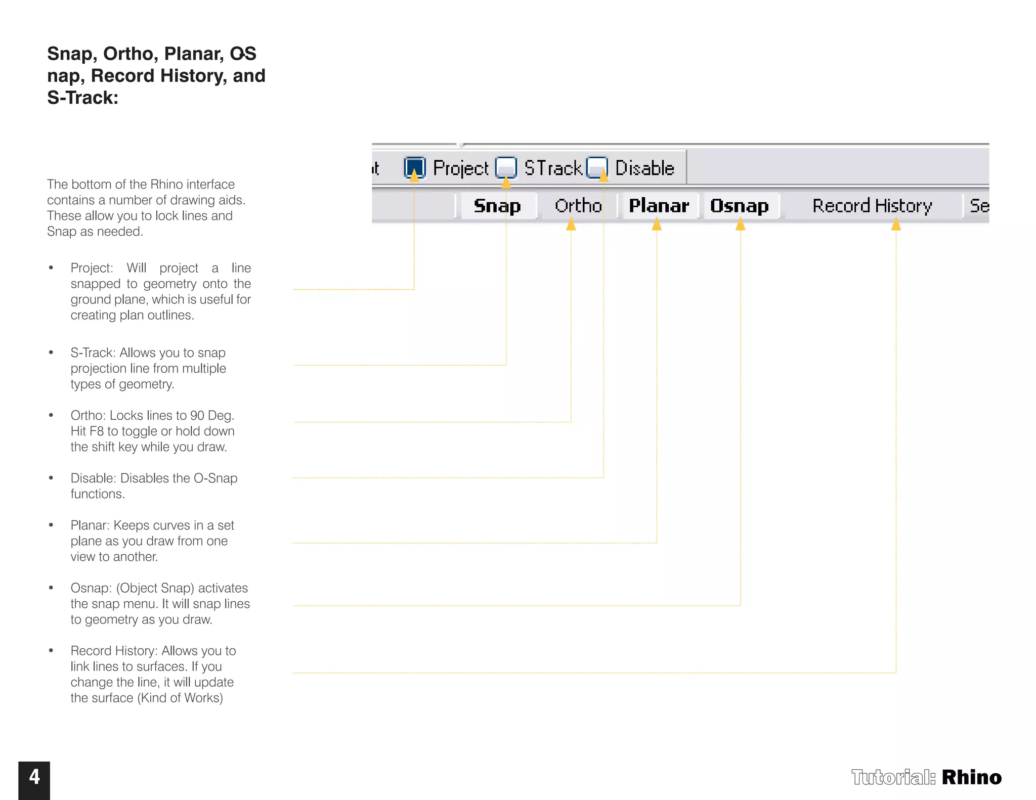 Tutorial: Rhino4
Snap, Ortho, Planar, OS-
nap, Record History, and
S-Track:
The bottom of the Rhino interface
contains a number of drawing aids.
These allow you to lock lines and
Snap as needed.
• Project: Will project a line
snapped to geometry onto the
ground plane, which is useful for
creating plan outlines.
• S-Track: Allows you to snap
projection line from multiple
types of geometry.
• Ortho: Locks lines to 90 Deg.
Hit F8 to toggle or hold down
the shift key while you draw.
• Disable: Disables the O-Snap
functions.
• Planar: Keeps curves in a set
plane as you draw from one
view to another.
• Osnap: (Object Snap) activates
the snap menu. It will snap lines
to geometry as you draw.
• Record History: Allows you to
link lines to surfaces. If you
change the line, it will update
the surface (Kind of Works)
 