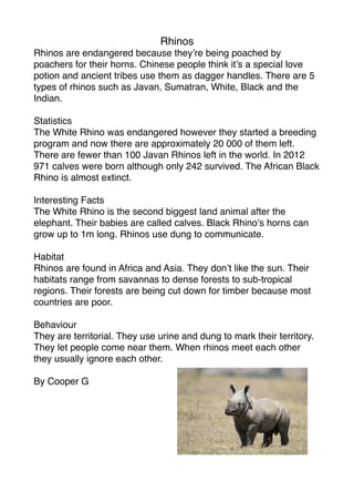 Rhinos
Rhinos are endangered because they’re being poached by
poachers for their horns. Chinese people think it’s a special love
potion and ancient tribes use them as dagger handles. There are 5
types of rhinos such as Javan, Sumatran, White, Black and the
Indian.

Statistics
The White Rhino was endangered however they started a breeding
program and now there are approximately 20 000 of them left.
There are fewer than 100 Javan Rhinos left in the world. In 2012
971 calves were born although only 242 survived. The African Black
Rhino is almost extinct.

Interesting Facts
The White Rhino is the second biggest land animal after the
elephant. Their babies are called calves. Black Rhino’s horns can
grow up to 1m long. Rhinos use dung to communicate.

Habitat
Rhinos are found in Africa and Asia. They don’t like the sun. Their
habitats range from savannas to dense forests to sub-tropical
regions. Their forests are being cut down for timber because most
countries are poor.

Behaviour
They are territorial. They use urine and dung to mark their territory.
They let people come near them. When rhinos meet each other
they usually ignore each other.

By Cooper G
 