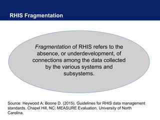 RHIS Fragmentation
Fragmentation of RHIS refers to the
absence, or underdevelopment, of
connections among the data collected
by the various systems and
subsystems.
Source: Heywood A; Boone D. (2015). Guidelines for RHIS data management
standards. Chapel Hill, NC: MEASURE Evaluation, University of North
Carolina.
 