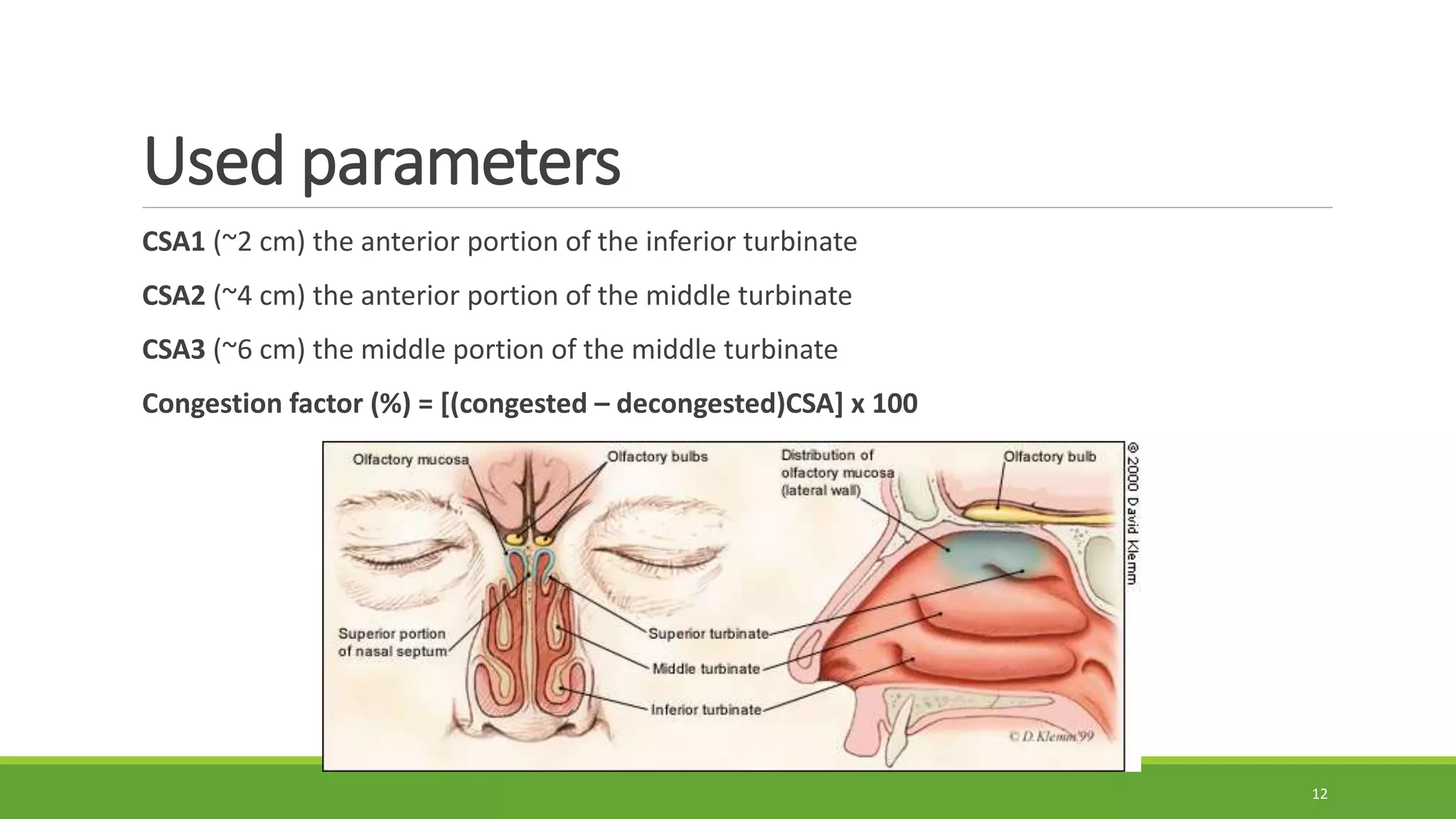 Used parameters
CSA1 (~2 cm) the anterior portion of the inferior turbinate
CSA2 (~4 cm) the anterior portion of the middle turbinate
CSA3 (~6 cm) the middle portion of the middle turbinate
Congestion factor (%) = [(congested – decongested)CSA] x 100
12
 