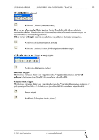 AN-CADSOLUTIONS             RHINOCEROS 4.0 & FLAMINGO 2.0 PIKAOPAS                         20

SUORAKAIDE (rectangle)




             Kulmasta, kulmaan (corner to corner)

First corner of rectangle (3Point Vertical Center Rounded): määritä suorakulmion
ensimmäinen kulma. Tässä vaiheessa klikkaamalla jotakin suluissa olevaan muuttujaa voi
vaikuttaa kuinka suorakulmio piirretään.
Other corner or lenght: määritä suorakulmion vastakkainen kulma tai anna pituus.

             Keskipisteestä kulmaan (center, corner)

             Kulmasta, kulmaan, kulmat pyöristettynä (rounded rectangle)


SÄÄNNÖLLINEN MONIKULMIO (polygon)




             Keskipiste, säde (center, radius)

Inscribed polygon
Monikulmio piirretään ikään kuin ympyrän sisälle. Ympyrän säde annetaan corner of
polygon-kehoitteessa, joko hiirellä klikkaamalla tai näppäilemällä.

Circumsribed polygon
Monikulmio piirretään ikään kuin ympyrän ulkopuolelle. Ympyrän säde annetaan midpoint of
polygon edge (NumSides=5):-kehoitteessa, joko hiirellä klikkaamalla tai näppäilemällä.


             Reuna (edge)

             Keskipiste, kulmapiste (center, corner)




© 2009 AN-Cadsolutions                  www.an-cadsolutions.fi
 