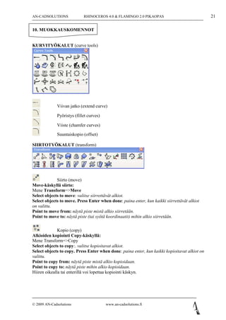 AN-CADSOLUTIONS             RHINOCEROS 4.0 & FLAMINGO 2.0 PIKAOPAS                             21

10. MUOKKAUSKOMENNOT


KURVITYÖKALUT (curve tools)




             Viivan jatko (extend curve)

             Pyöristys (fillet curves)

             Viiste (chamfer curves)

             Suuntaiskopio (offset)

SIIRTOTYÖKALUT (transform)




             Siirto (move)
Move-käskyllä siirto:
Mene Transform=>Move
Select objects to move: valitse siirrettävät alkiot.
Select objects to move. Press Enter when done: paina enter, kun kaikki siirrettävät alkiot
on valittu.
Point to move from: näytä piste mistä alkio siirretään.
Point to move to: näytä piste (tai syötä koordinaatit) mihin alkio siirretään.

              Kopio (copy)
Alkioiden kopiointi Copy-käskyllä:
Mene Transform=>Copy
Select objects to copy:. valitse kopioitavat alkiot.
Select objects to copy. Press Enter when done: paina enter, kun kaikki kopioitavat alkiot on
valittu.
Point to copy from: näytä piste mistä alkio kopioidaan.
Point to copy to: näytä piste mihin alkio kopioidaan.
Hiiren oikealla tai enterillä voi lopettaa kopiointi käskyn.




© 2009 AN-Cadsolutions                   www.an-cadsolutions.fi
 