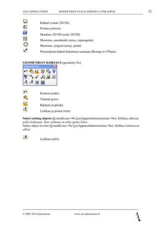 AN-CADSOLUTIONS                RHINOCEROS 4.0 & FLAMINGO 2.0 PIKAOPAS                     22


             Kääntö (rotate 2D/3D)
             Peilaus (mirror)
             Skaalaus 2D/3D (scale 2D/3D)
             Monistus, suorakaide (array, regtangular)
             Monistus, ympyrä (array, polar)
             Piirustuksen kääntö haluttuun suuntaan (Remap to CPlane)


GEOMETRIAN KORJAUS (geometry fix)




             Kumoa (undo)
             Yhdistä (join)
             Räjäytä (explode)
             Leikkaa ja poista (trim)

Select cutting objects (ExtendLines=No UseApparentIntersections=No): Klikkaa alkioita
joilla leikataan. Kun valinnat on tehty paina Enter.
Select object to trim (ExtendLines=No UseApparentIntersections=No): Klikkaa leikattavat
alkiot.


             Leikkaa (split)




© 2009 AN-Cadsolutions                   www.an-cadsolutions.fi
 