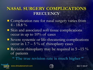 NASAL SURGERY COMPLICATIONS FRECUENCY Complication rate for nasal surgery varies from 4 - 18.8 % Skin and associated soft tissue complications occur in up to 10% of cases Severe systemic or life-threatening complications occur in 1.7 – 5 % of rhinoplasty cases Revision rhinoplasty may be required in 5 –15 % of patients   “  The true revision rate is much higher ” www.clinicabenarroch.com 902 11 06 47 