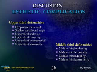 DISCUSION  ESTHETIC  COMPLICATIOS Upper third deformities   Deep nasofrontal angle Shallow nasofrontal angle Upper third widening Upper third convexity Upper third overreduction Upper third asymmetry Middle third deformities Middle third widening Middle third convexity Middle third saddling Middle third asymmetry www.clinicabenarroch.com 902 11 06 47 