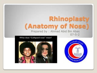 Rhinoplasty
(Anatomy of Nose)
 Prepared by : Ahmad Abid Bin Abas
                            07-5-2
 