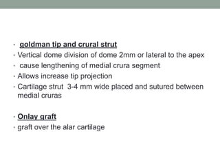 • goldman tip and crural strut
• Vertical dome division of dome 2mm or lateral to the apex
• cause lengthening of medial crura segment
• Allows increase tip projection
• Cartilage strut 3-4 mm wide placed and sutured between
medial cruras
• Onlay graft
• graft over the alar cartilage
 