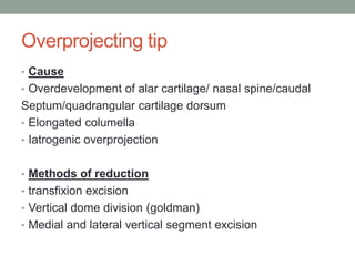 Overprojecting tip
• Cause
• Overdevelopment of alar cartilage/ nasal spine/caudal
Septum/quadrangular cartilage dorsum
• Elongated columella
• Iatrogenic overprojection
• Methods of reduction
• transfixion excision
• Vertical dome division (goldman)
• Medial and lateral vertical segment excision
 
