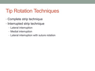 Tip Rotation Techniques
• Complete strip technique
• Interrupted strip technique
• Lateral interruption
• Medial interruption
• Lateral interruption with suture rotation
 