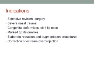 Indications
• Extensive revision surgery
• Severe nasal trauma
• Congenital deformities: cleft lip nose
• Marked tip deformities
• Elaborate reduction and augmentation procedures
• Correction of extreme overprojection
 
