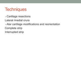 Techniques
Cartilage resections
Lateral /medial crura
Alar cartilage modifications and reorientation
Complete strip
Interrupted strip
 