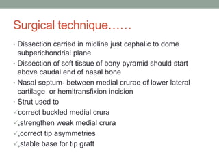 Surgical technique……
• Dissection carried in midline just cephalic to dome
subperichondrial plane
• Dissection of soft tissue of bony pyramid should start
above caudal end of nasal bone
• Nasal septum- between medial crurae of lower lateral
cartilage or hemitransfixion incision
• Strut used to
correct buckled medial crura
,strengthen weak medial crura
,correct tip asymmetries
,stable base for tip graft
 