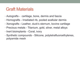 Graft Materials
• Autografts - cartilage, bone, dermis and fascia
• Homografts - Irradiated rib, pooled acellular dermis
• Xenografts - Leather, duck's sternum, bovine cartilage
• Precious metals - Titanium, gold, silver, metal alloys
• Inert bioimplants - Coral, ivory
• Synthetic compounds - Silicone, polytetrafluoroethylenes,
polyamide mesh
 