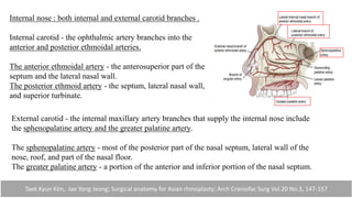 Internal nose : both internal and external carotid branches .
Internal carotid - the ophthalmic artery branches into the
anterior and posterior ethmoidal arteries.
The anterior ethmoidal artery - the anterosuperior part of the
septum and the lateral nasal wall.
The posterior ethmoid artery - the septum, lateral nasal wall,
and superior turbinate.
Taek Kyun Kim, Jae Yong Jeong; Surgical anatomy for Asian rhinoplasty; Arch Craniofac Surg Vol.20 No.3, 147-157
External carotid - the internal maxillary artery branches that supply the internal nose include
the sphenopalatine artery and the greater palatine artery.
The sphenopalatine artery - most of the posterior part of the nasal septum, lateral wall of the
nose, roof, and part of the nasal floor.
The greater palatine artery - a portion of the anterior and inferior portion of the nasal septum.
 