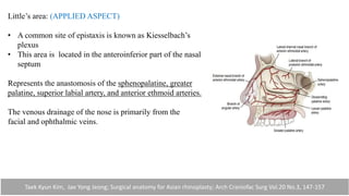 Little’s area: (APPLIED ASPECT)
• A common site of epistaxis is known as Kiesselbach’s
plexus
• This area is located in the anteroinferior part of the nasal
septum
Represents the anastomosis of the sphenopalatine, greater
palatine, superior labial artery, and anterior ethmoid arteries.
The venous drainage of the nose is primarily from the
facial and ophthalmic veins.
Taek Kyun Kim, Jae Yong Jeong; Surgical anatomy for Asian rhinoplasty; Arch Craniofac Surg Vol.20 No.3, 147-157
 