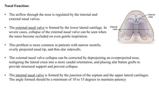 Nasal Function:
• The airflow through the nose is regulated by the internal and
external nasal valves.
• The external nasal valve is formed by the lower lateral cartilage. In
severe cases, collapse of the external nasal valve can be seen when
the nares become occluded on even gentle inspiration.
• This problem is more common in patients with narrow nostrils,
overly projected nasal tip, and thin alar sidewalls.
• The external nasal valve collapse can be corrected by deprojecting an overprojected nose,
realigning the lateral crura into a more caudal orientation, and placing alar batten grafts to
provide structural support and prevent collapse.
• The internal nasal valve is formed by the junction of the septum and the upper lateral cartilages.
The angle formed should be a minimum of 10 to 15 degrees to maintain patency
 