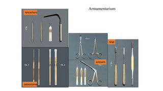 Armamentarium
retractors
osteotome
scissors
rasp
 