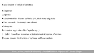 Classification of septal deformites :
Congenital:
Acquired:
• Developmental: midline dermoid cyst, short nose/long nose
• Post traumatic: bent nose/crooked nose
• Iatrogenic
Incorrect or aggressive rhino/septal surgery
• Lefort I maxillary impaction with inadequate trimming of septum
Cocaine misuse: Destruction of cartilage and bony septum
Nasir A. Nasser; Chapter 28-Rhinoplasty; Oral and Maxillofacial Surgery for the Clinician; Springer
 