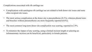 Complications associated with rib cartilage use
• Complications with autologous rib cartilage use are related to both donor site issues and more
often recipient site issues.
• The most serious complication at the donor site is pneumothorax (0.1%), whereas pleural tears
and breeches without pneumothorax are more frequently reported (0.6%).
• The most common long-term donor site complication was scarring, reported in 2.9%.
• To minimize the impact of any scarring, using a limited incision length or selecting an
inframammary incision can be beneficial, particularly in female patients.
 
