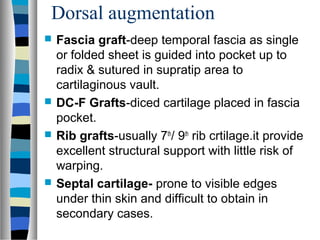 Dorsal augmentation
 Fascia graft-deep temporal fascia as single
or folded sheet is guided into pocket up to
radix & sutured in supratip area to
cartilaginous vault.
 DC-F Grafts-diced cartilage placed in fascia
pocket.
 Rib grafts-usually 7th
/ 9th
rib crtilage.it provide
excellent structural support with little risk of
warping.
 Septal cartilage- prone to visible edges
under thin skin and difficult to obtain in
secondary cases.
 