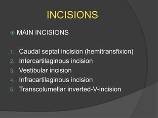 INCISIONS
 MAIN INCISIONS
1. Caudal septal incision (hemitransfixion)
2. Intercartilaginous incision
3. Vestibular incision
4. Infracartilaginous incision
5. Transcolumellar inverted-V-incision
 