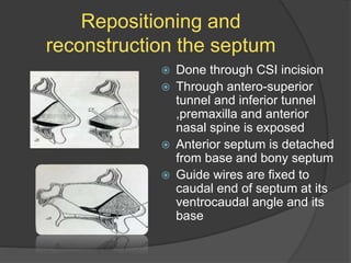 Repositioning and
reconstruction the septum
 Done through CSI incision
 Through antero-superior
tunnel and inferior tunnel
,premaxilla and anterior
nasal spine is exposed
 Anterior septum is detached
from base and bony septum
 Guide wires are fixed to
caudal end of septum at its
ventrocaudal angle and its
base
 