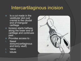 Intercartilaginous incision
 Is a cut made in the
vestibular skin just
cranial to the caudal
end of triangular
cartilage
 Incision starts halfway
along the lower end of
cartilage and continues
past .
 Provides access to :
1. Nasal
dorsum(cartlaginous
and bony vault)
2. Valve
3. lobule
 