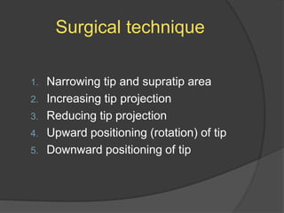 Surgical technique
1. Narrowing tip and supratip area
2. Increasing tip projection
3. Reducing tip projection
4. Upward positioning (rotation) of tip
5. Downward positioning of tip
 