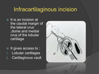 Infracartilaginous incision
 It is an incision at
the caudal margin of
the lateral crus
,dome and medial
crus of the lobular
cartilage
 It gives access to :
1. Lobular cartilages
2. Cartilaginous vault
 
