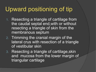 Upward positioning of tip
1. Resecting a triangle of cartilage from
the caudal septal end,with or without
resecting a triangle of skin from the
membranous septum
2. Trimming the cranial margin of the
lateral crus with resection of a triangle
of vestibular skin
3. Resecting a triangle of cartilage,skin
and mucosa from the lower margin of
triangular cartilage
 