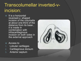 Transcolumellar inverted-v-
incision:
 It is a horizontal
reversed-v- shaped
incision of the columella
at about one-third of the
distance from its base ,
it is made in
combination with
infracartilaginous
incision on both sides in
the external approach
 Access to
1. Lobular cartilages
2. Cartilaginous dorsum
3. Anterior septum
 