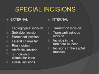 SPECIAL INCISIONS
 EXTERNAL
1. Labiogingival incision
2. Sublabial incision
3. Paranasal incision
4. Lateral columellar
5. Rim incision
6. Alarfacial incision
7. ‘v’ incision of
columellar base
8. Dorsal incisions
 INTERNAL
1. Transfixion incision
2. Transcartilaginous
incision
3. Incisios in the
turbinate mucosa
4. Incisions in the septal
mucosa
 