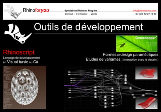 Rhinoforyou Spécialiste Rhino et Plug-ins
Conseil - Formation - Vente
info@rhinoforyou.com
+33 (0)6 60 07 18 86
Outils de développement
Rhinoscript
Langage de développement
en Visual basic ou C#
Formes et design paramétriques
Etudes de variantes ( interaction avec le dessin )
 