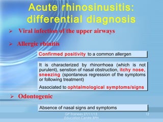 Acute rhinosinusitis:
differential diagnosis


Viral infection of the upper airways

 Allergic rhinitis
Confirmed positivity to a common allergen
Confirmed positivity to a common allergen
It is characterized by rhinorrhoea (which is not
It is characterized by rhinorrhoea (which is not
purulent), senstion of nasal obstruction, itchy nose,
purulent), senstion of nasal obstruction, itchy nose,
sneezing (spontaneus regression of the symptoms
sneezing (spontaneus regression of the symptoms
or following treatment)
or following treatment)
Associated to ophtalmological symptoms/signs
Associated to ophtalmological symptoms/signs

 Odontogenic
Absence of nasal signs and symptoms
Absence of nasal signs and symptoms
GP Trainees 27/11/13,
Education Centre RPH

12

 
