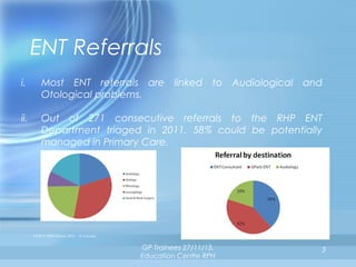 ENT Referrals
i.

Most ENT referrals are linked to Audiological and
Otological problems.

ii.

Out of 271 consecutive referrals to the RHP ENT
Department triaged in 2011, 58% could be potentially
managed in Primary Care.

CLPCT NHS Survey 2011 – E Cervoni

GP Trainees 27/11/13,
Education Centre RPH

3

 