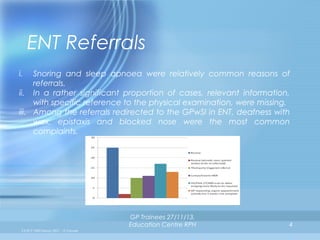 ENT Referrals
i.

Snoring and sleep apnoea were relatively common reasons of
referrals.
ii. In a rather significant proportion of cases, relevant information,
with specific reference to the physical examination, were missing.
iii. Among the referrals redirected to the GPwSI in ENT, deafness with
wax, epistaxis and blocked nose were the most common
complaints.

GP Trainees 27/11/13,
Education Centre RPH
CLPCT NHS Survey 2011 – E Cervoni

4

 