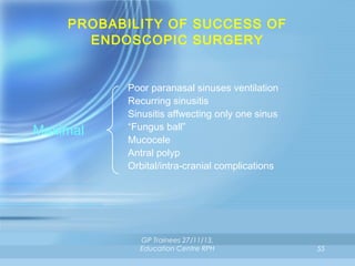 PROBABILITY OF SUCCESS OF
ENDOSCOPIC SURGERY

Maximal

Poor paranasal sinuses ventilation
Recurring sinusitis
Sinusitis affwecting only one sinus
“Fungus ball”
Mucocele
Antral polyp
Orbital/intra-cranial complications

GP Trainees 27/11/13,
Education Centre RPH

55

 