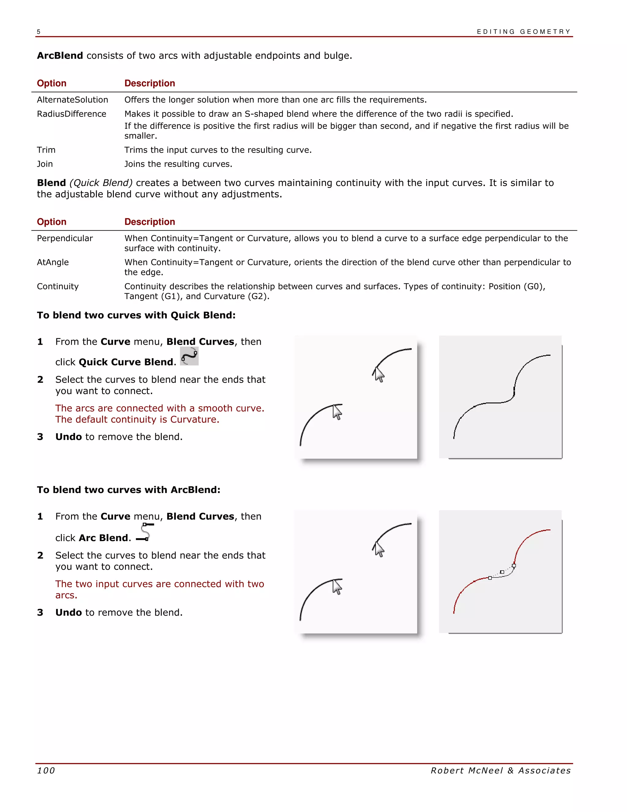 5 E D I T I N G G E O M E T R Y
100 Robert McNeel & Associates
ArcBlend consists of two arcs with adjustable endpoints and bulge.
Option Description
AlternateSolution Offers the longer solution when more than one arc fills the requirements.
RadiusDifference Makes it possible to draw an S-shaped blend where the difference of the two radii is specified.
If the difference is positive the first radius will be bigger than second, and if negative the first radius will be
smaller.
Trim Trims the input curves to the resulting curve.
Join Joins the resulting curves.
Blend (Quick Blend) creates a between two curves maintaining continuity with the input curves. It is similar to
the adjustable blend curve without any adjustments.
Option Description
Perpendicular When Continuity=Tangent or Curvature, allows you to blend a curve to a surface edge perpendicular to the
surface with continuity.
AtAngle When Continuity=Tangent or Curvature, orients the direction of the blend curve other than perpendicular to
the edge.
Continuity Continuity describes the relationship between curves and surfaces. Types of continuity: Position (G0),
Tangent (G1), and Curvature (G2).
To blend two curves with Quick Blend:
1 From the Curve menu, Blend Curves, then
click Quick Curve Blend.
2 Select the curves to blend near the ends that
you want to connect.
The arcs are connected with a smooth curve.
The default continuity is Curvature.
3 Undo to remove the blend.
To blend two curves with ArcBlend:
1 From the Curve menu, Blend Curves, then
click Arc Blend.
2 Select the curves to blend near the ends that
you want to connect.
The two input curves are connected with two
arcs.
3 Undo to remove the blend.
 