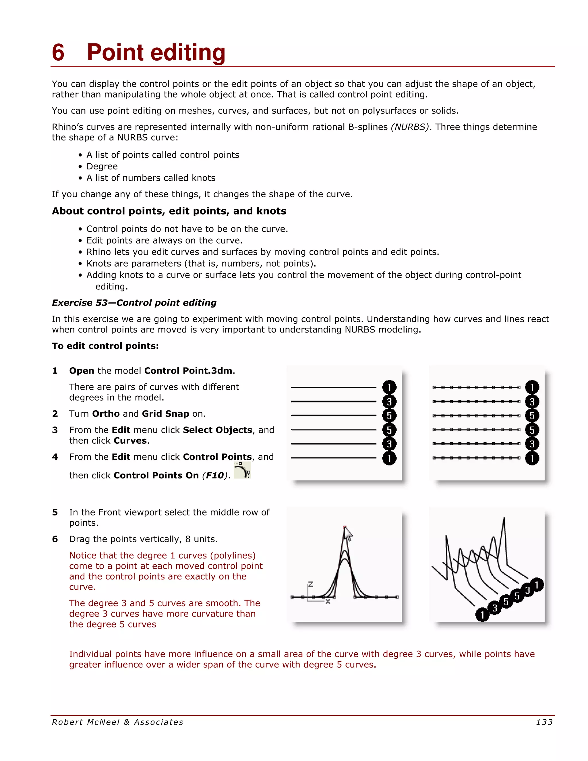 Robert McNeel & Associates 133
6 Point editing
You can display the control points or the edit points of an object so that you can adjust the shape of an object,
rather than manipulating the whole object at once. That is called control point editing.
You can use point editing on meshes, curves, and surfaces, but not on polysurfaces or solids.
Rhino’s curves are represented internally with non-uniform rational B-splines (NURBS). Three things determine
the shape of a NURBS curve:
• A list of points called control points
• Degree
• A list of numbers called knots
If you change any of these things, it changes the shape of the curve.
About control points, edit points, and knots
• Control points do not have to be on the curve.
• Edit points are always on the curve.
• Rhino lets you edit curves and surfaces by moving control points and edit points.
• Knots are parameters (that is, numbers, not points).
• Adding knots to a curve or surface lets you control the movement of the object during control-point
editing.
Exercise 53—Control point editing
In this exercise we are going to experiment with moving control points. Understanding how curves and lines react
when control points are moved is very important to understanding NURBS modeling.
To edit control points:
1 Open the model Control Point.3dm.
There are pairs of curves with different
degrees in the model.
2 Turn Ortho and Grid Snap on.
3 From the Edit menu click Select Objects, and
then click Curves.
4 From the Edit menu click Control Points, and
then click Control Points On (F10).
5 In the Front viewport select the middle row of
points.
6 Drag the points vertically, 8 units.
Notice that the degree 1 curves (polylines)
come to a point at each moved control point
and the control points are exactly on the
curve.
The degree 3 and 5 curves are smooth. The
degree 3 curves have more curvature than
the degree 5 curves
Individual points have more influence on a small area of the curve with degree 3 curves, while points have
greater influence over a wider span of the curve with degree 5 curves.
 