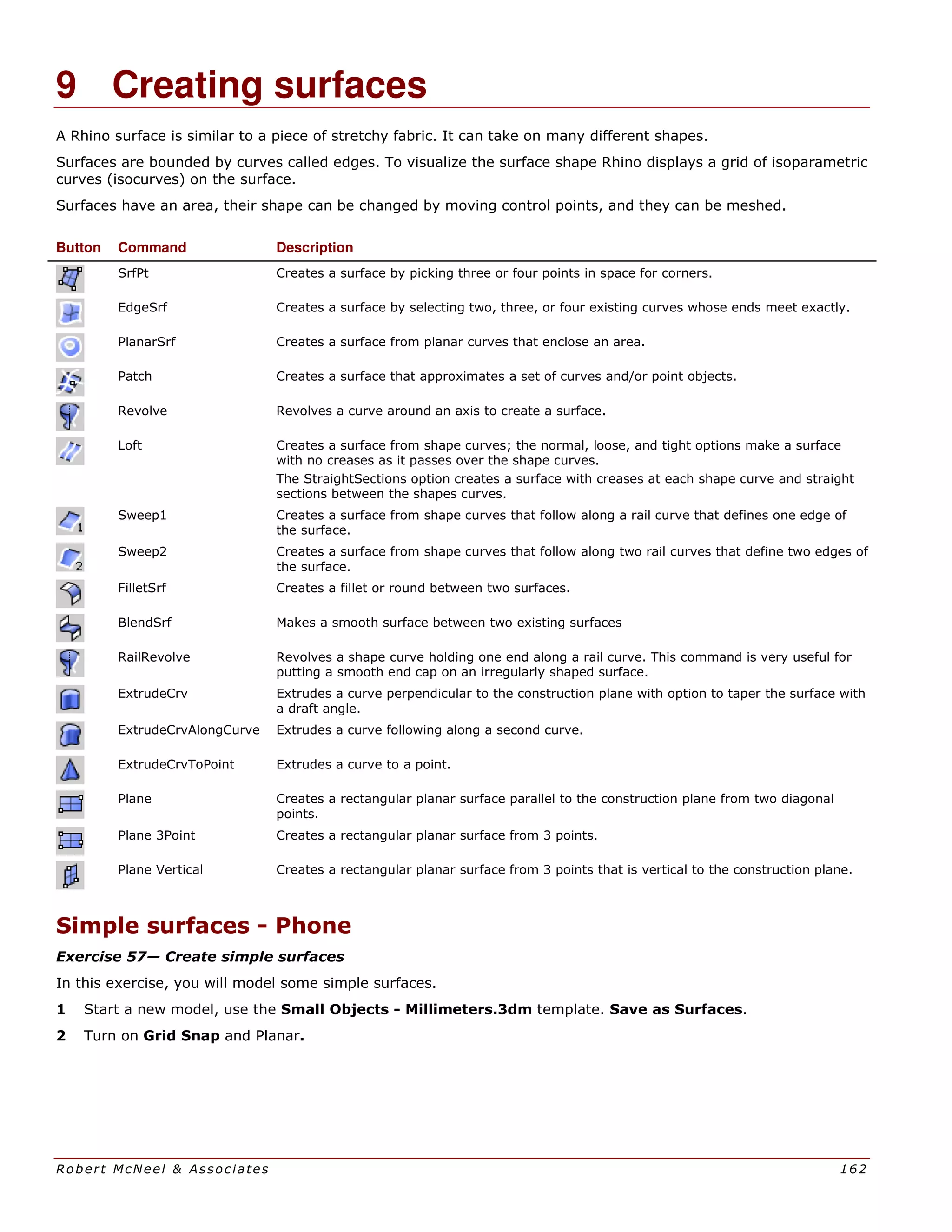 Robert McNeel & Associates 162
9 Creating surfaces
A Rhino surface is similar to a piece of stretchy fabric. It can take on many different shapes.
Surfaces are bounded by curves called edges. To visualize the surface shape Rhino displays a grid of isoparametric
curves (isocurves) on the surface.
Surfaces have an area, their shape can be changed by moving control points, and they can be meshed.
Button Command Description
SrfPt Creates a surface by picking three or four points in space for corners.
EdgeSrf Creates a surface by selecting two, three, or four existing curves whose ends meet exactly.
PlanarSrf Creates a surface from planar curves that enclose an area.
Patch Creates a surface that approximates a set of curves and/or point objects.
Revolve Revolves a curve around an axis to create a surface.
Loft Creates a surface from shape curves; the normal, loose, and tight options make a surface
with no creases as it passes over the shape curves.
The StraightSections option creates a surface with creases at each shape curve and straight
sections between the shapes curves.
Sweep1 Creates a surface from shape curves that follow along a rail curve that defines one edge of
the surface.
Sweep2 Creates a surface from shape curves that follow along two rail curves that define two edges of
the surface.
FilletSrf Creates a fillet or round between two surfaces.
BlendSrf Makes a smooth surface between two existing surfaces
RailRevolve Revolves a shape curve holding one end along a rail curve. This command is very useful for
putting a smooth end cap on an irregularly shaped surface.
ExtrudeCrv Extrudes a curve perpendicular to the construction plane with option to taper the surface with
a draft angle.
ExtrudeCrvAlongCurve Extrudes a curve following along a second curve.
ExtrudeCrvToPoint Extrudes a curve to a point.
Plane Creates a rectangular planar surface parallel to the construction plane from two diagonal
points.
Plane 3Point Creates a rectangular planar surface from 3 points.
Plane Vertical Creates a rectangular planar surface from 3 points that is vertical to the construction plane.
Simple surfaces - Phone
Exercise 57— Create simple surfaces
In this exercise, you will model some simple surfaces.
1 Start a new model, use the Small Objects - Millimeters.3dm template. Save as Surfaces.
2 Turn on Grid Snap and Planar.
 
